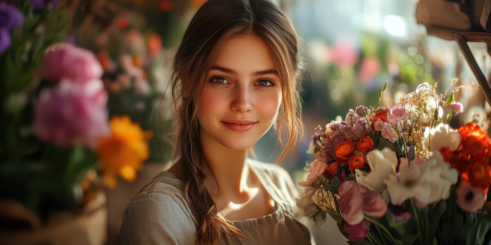 Young woman with flowers in a vibrant flower shop during the afternoon